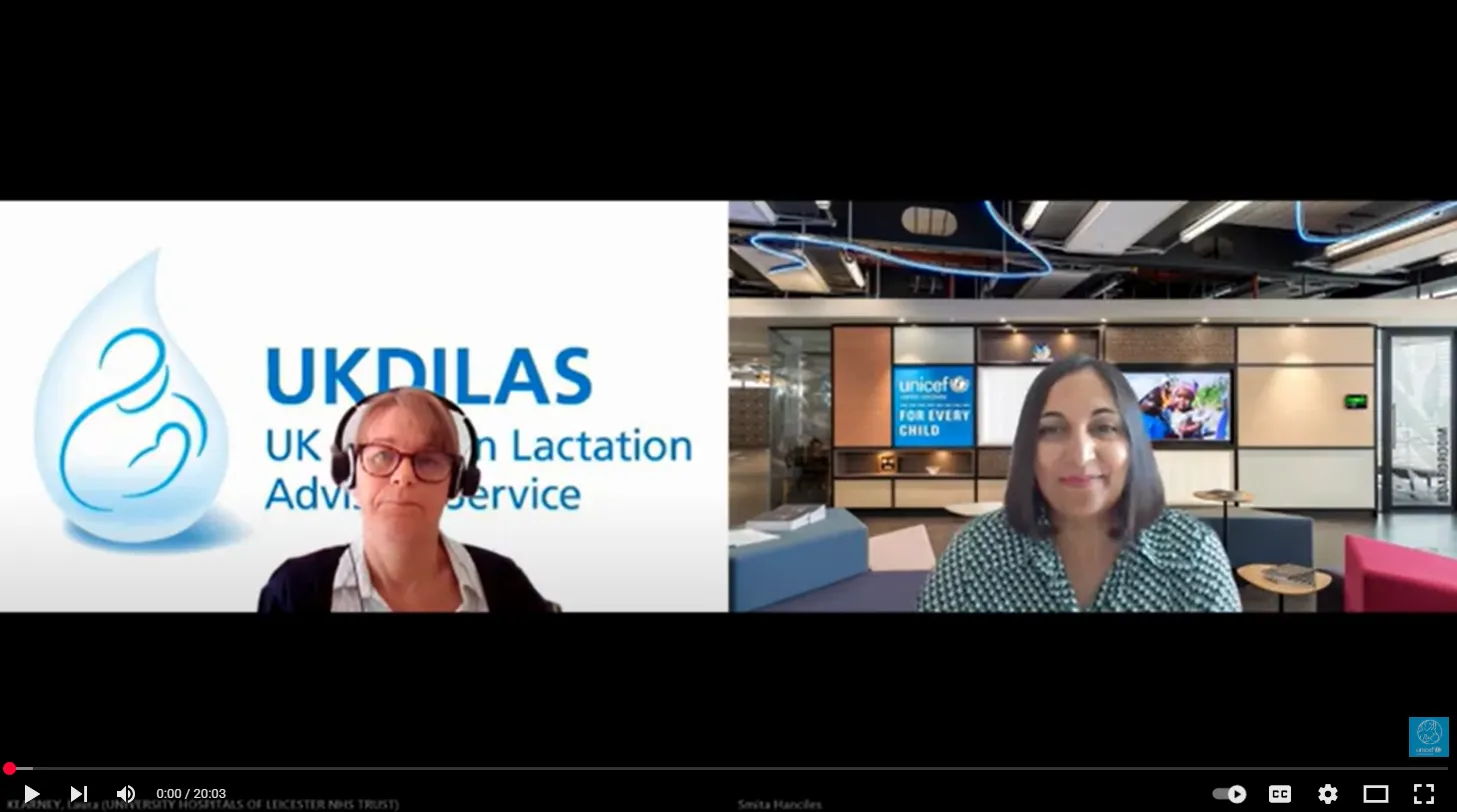 A screenshot of a YouTube video with a woman on the left wearing headphones in front of a background featuring U.K.D.I.L.A.S., the UK Drugs In Lactation Advice Service, and the woman on the right in front of a background of the UNICEF U.K. head office.