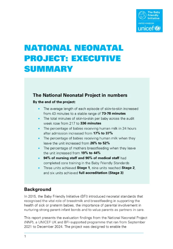 Screenshot of page one of UNICEF UK's executive summary for the National Neonatal Project report.