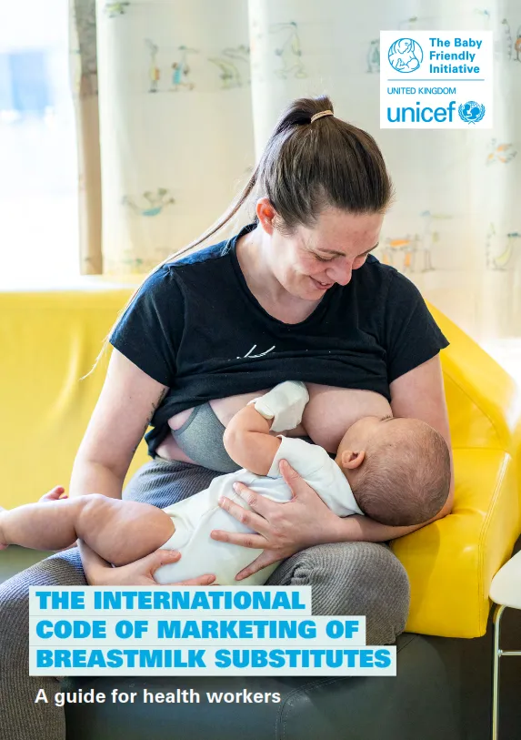 On the cover of the PDF, a woman smiles down at her baby as she breastfeeds him. Above the image is the UNICEF UK Baby Friendly Initiative logo, and below is the title of the guide.