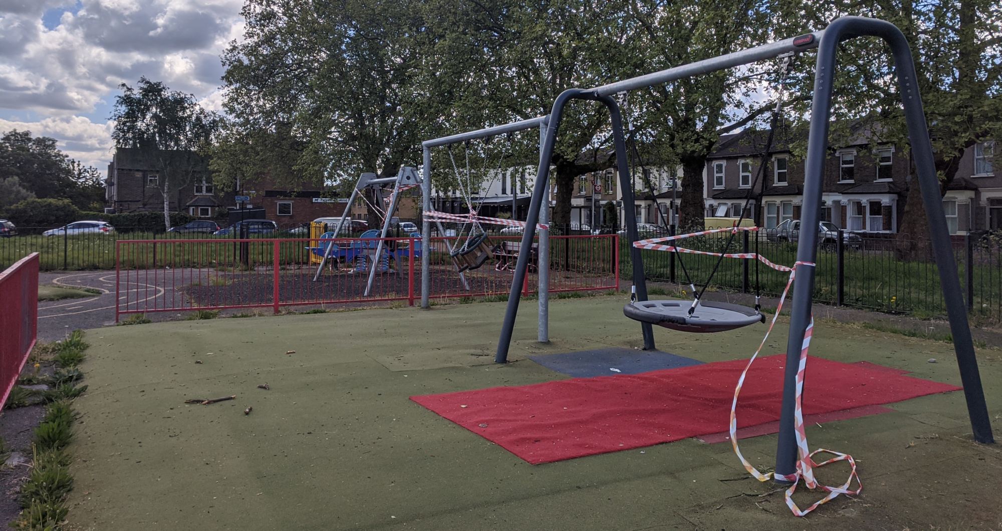 Play equipment cordoned off in a park in London.