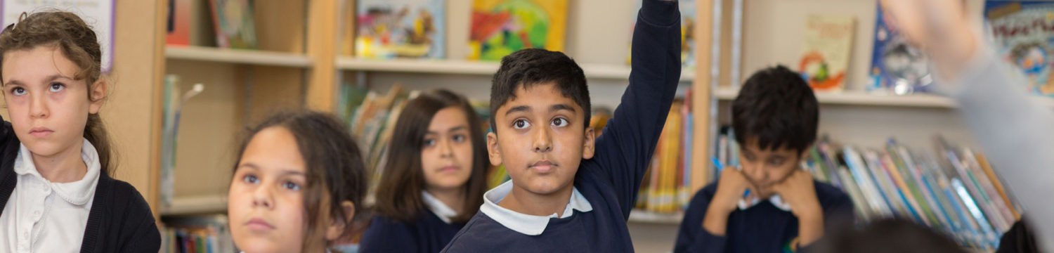 Boy raising his hand in a classroom.