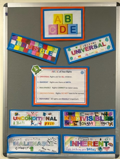 ABCDE of Rights display at Uplands Junior School.