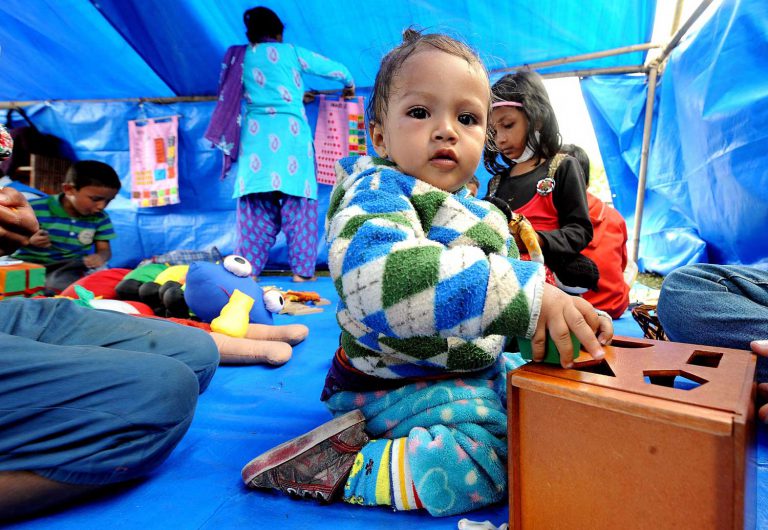 Children at the Unicef-supported child-friendly space in the temporary camp in Tundikhel, an open ground located in the heart of Kathmandu city. Photo: UNICEF Nepal/2015/CSKarki