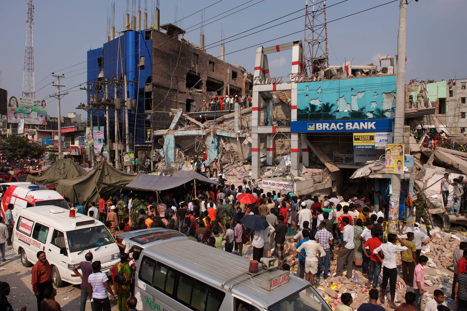The emergency response following the devastating collapse of the Rana Plaza garment factory in Dhaka, Bangladesh.