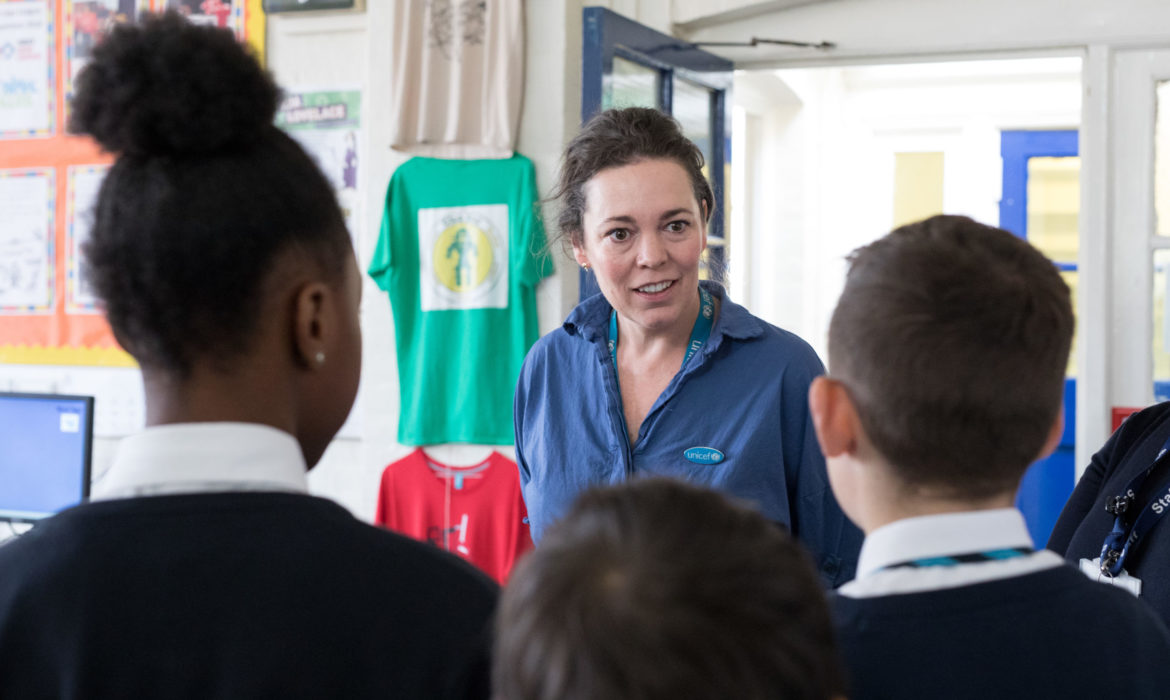 LONDON, UK - 12 OCT 2017: British actress and Unicef Ambassador Olivia Colman tours Wyvil Primary School with students in Vauxhall, South London during a visit to learn about Unicef UK’s Rights Respecting School Award (RRSA) programme.