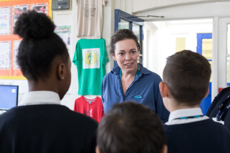 LONDON, UK - 12 OCT 2017: British actress and Unicef Ambassador Olivia Colman tours Wyvil Primary School with students in Vauxhall, South London during a visit to learn about Unicef UK’s Rights Respecting School Award (RRSA) programme.