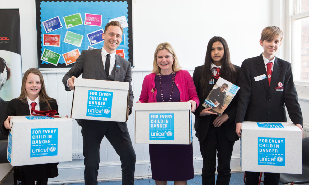 Tom talks to then Minister for International Development, Justine Greening, at Hampstead School about education in emergencies ahead of the World Humanitarian summit, with children giving support to the education of children in other countries.
