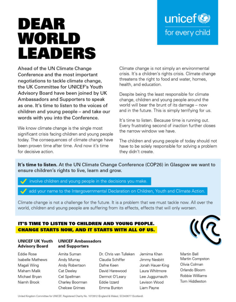 UNICEF UK's Youth Advisory Board's letter to world leaders ahead of COP26.