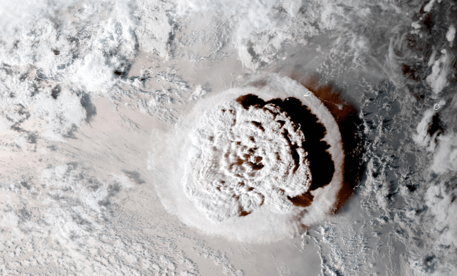 Satellite image of Tonga following volcanic eruption on 15th January 2021.