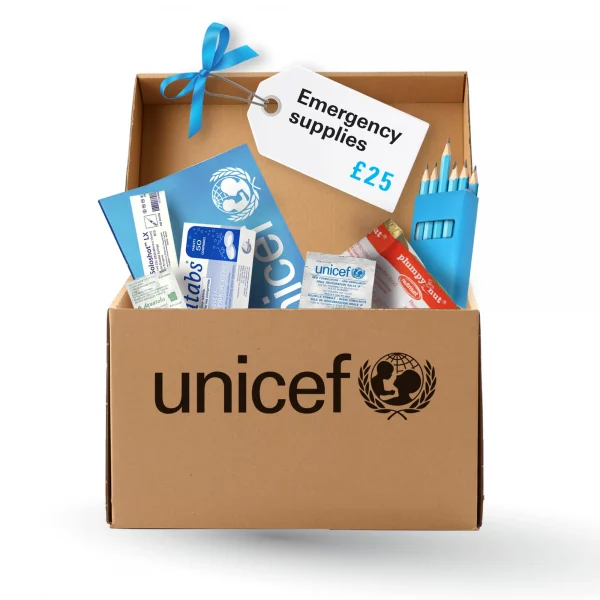 box of UNICEF emergency supplies