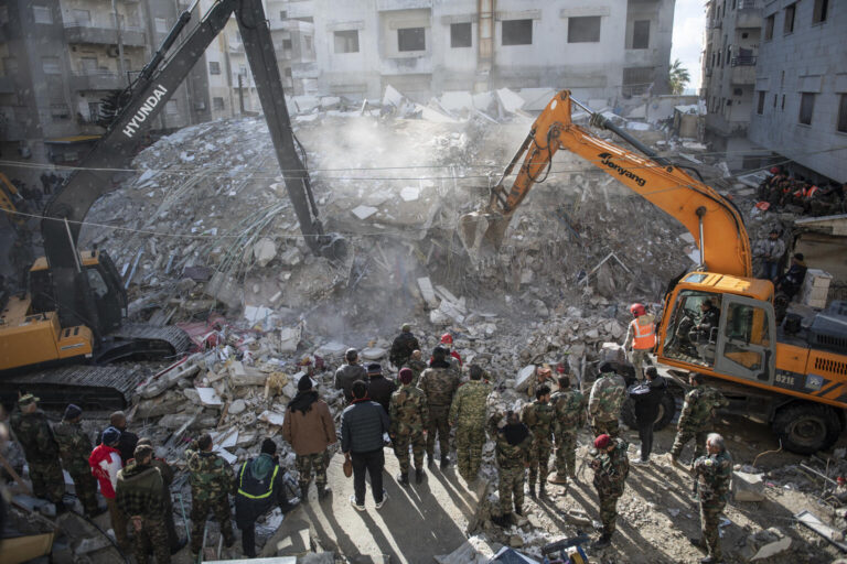 Cranes are used during rescue operations in northern Syria after the Turkiye-Syria earthquakes