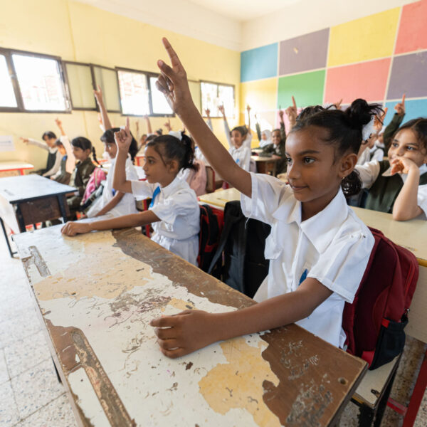 Shooq, a 9-year-old third grader, attends her class in Yemen
