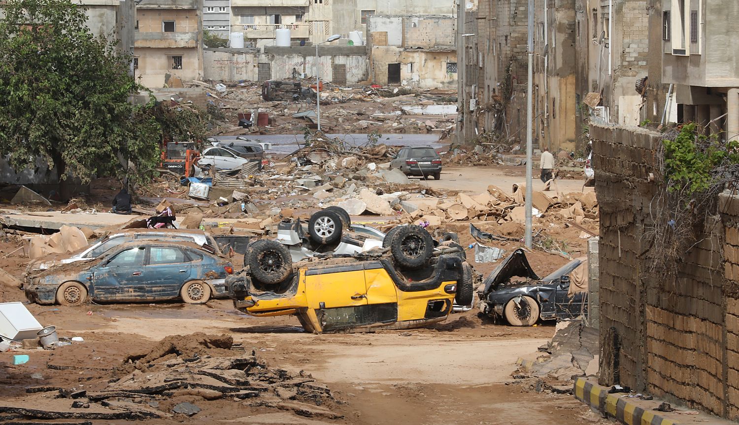 Upturned cars in the port city of Derna, Libya, caused by flash floods