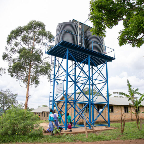 The tank stand of a solar-powered water system.