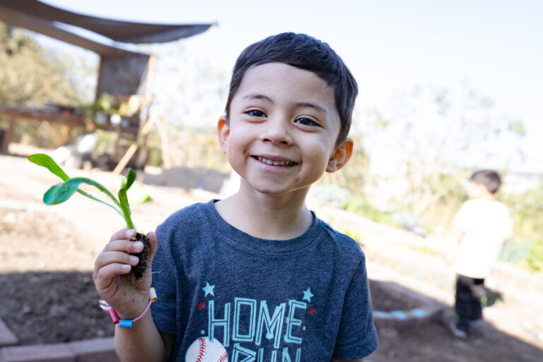 A boy smiles and holds up a seedling.