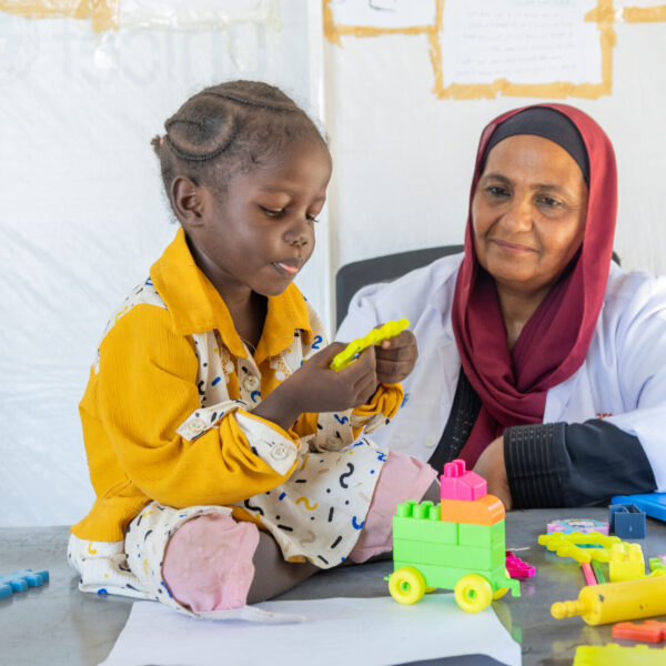 A four-year-old plays with their toys next to a mental health specialist.