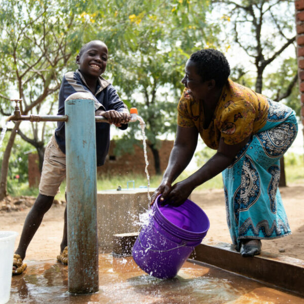 Joyce Mauzeni and her son 9-year-old Miracle Osman fetch water from a tap the children’s corner in Nankuyu Village in Blantyre southern Malawi on Sunday 21April 2024